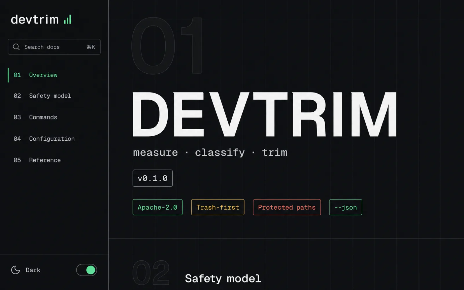 devtrim in a terminal: disk hygiene for macOS developer machines.