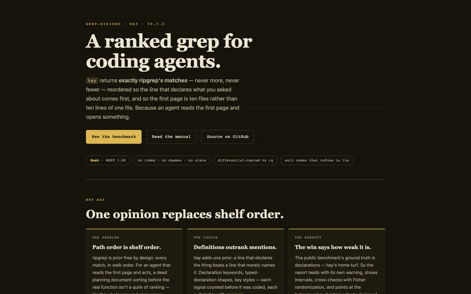 The hay project page: a ranked grep for coding agents.