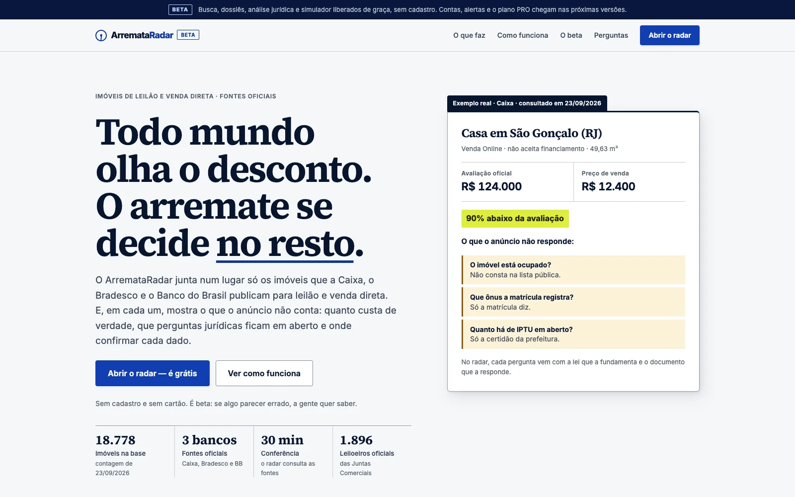 ArremataRadar home page: “Todo mundo olha o desconto. O arremate decide no resto.” and a sample auction listing.