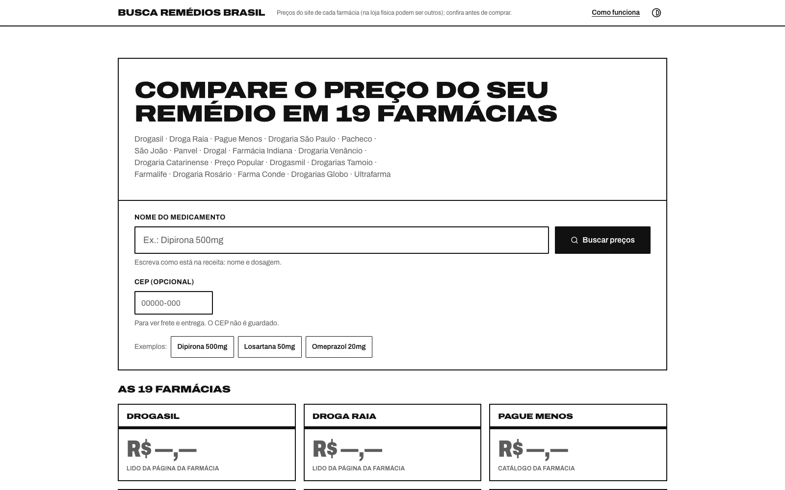 Busca Remédios Brasil home page: “Compare o preço do seu remédio em 19 farmácias” above the medicine search form.