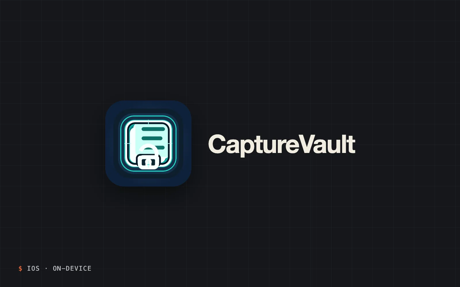 CaptureVault app icon, a document with a padlock, beside the name on a dark card labelled “iOS · on-device”.