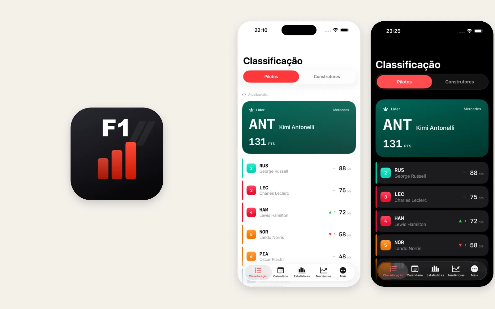 GP Race Stats app icon and two iPhone screens, light and dark, showing the Classificação driver standings.