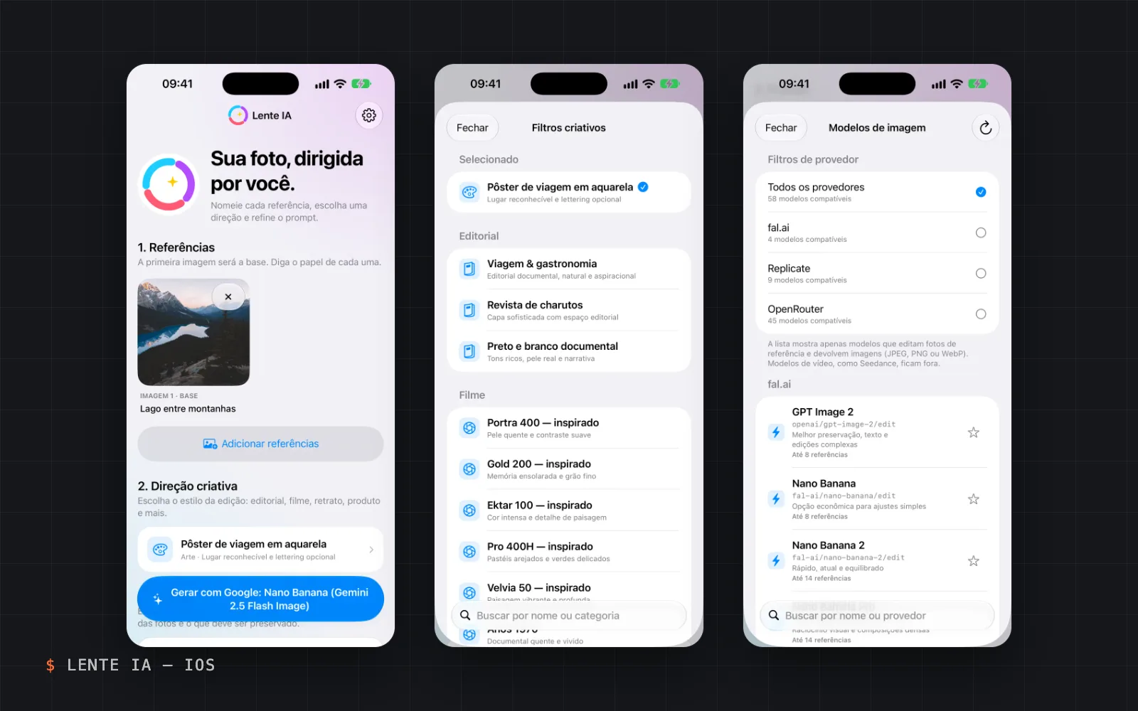 Lente IA on iPhone, three screens in Portuguese: reference photos, creative filters list and image model picker.