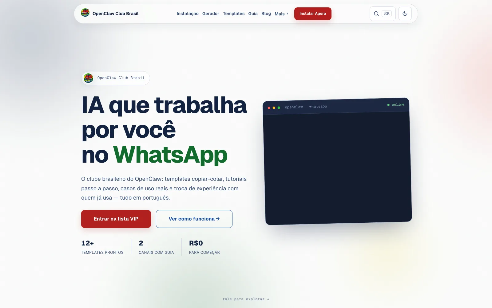OpenClaw Club Brasil project preview from the public studio portfolio.