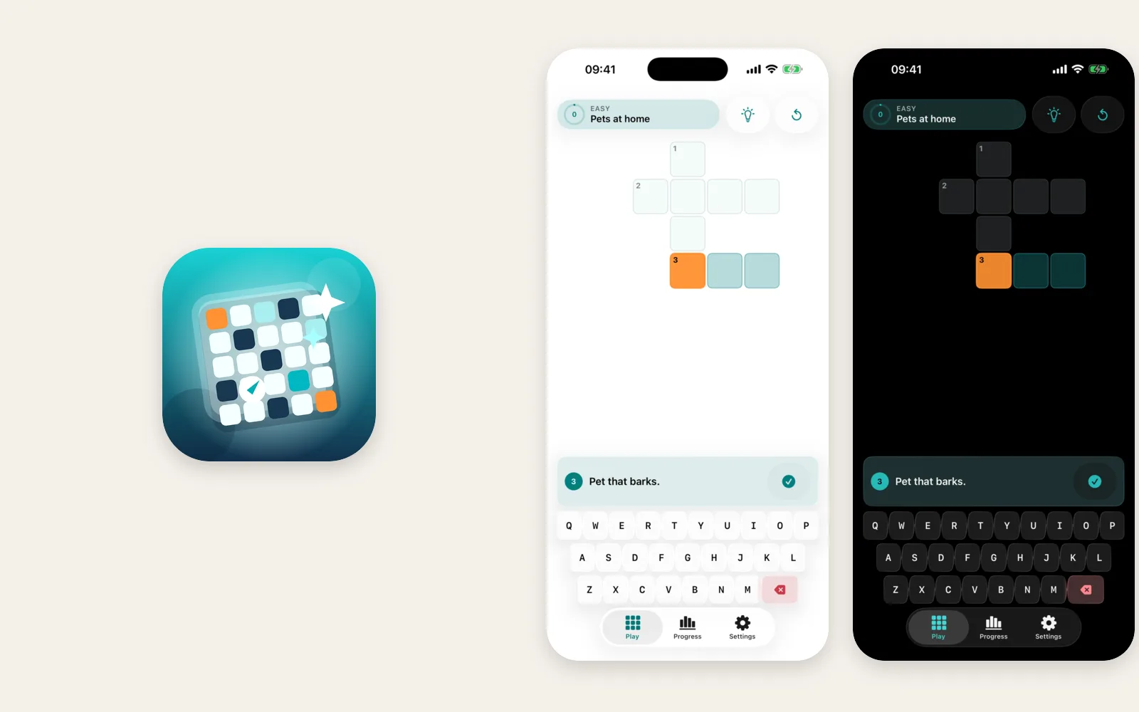 IA Palavras Cruzadas app icon and two iPhone screens, light and dark, with a crossword grid and the clue “Pet that barks.”