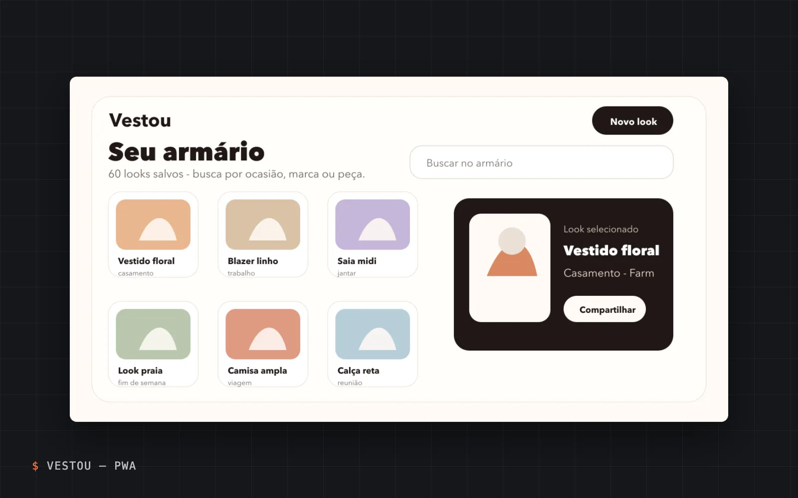 Vestou wardrobe screen “Seu armário” with a grid of six saved looks and a selected “Vestido floral” card.