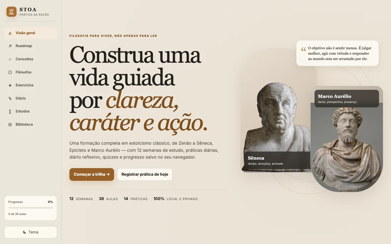 The STOA home page: a browser-only Stoicism course in Brazilian Portuguese.